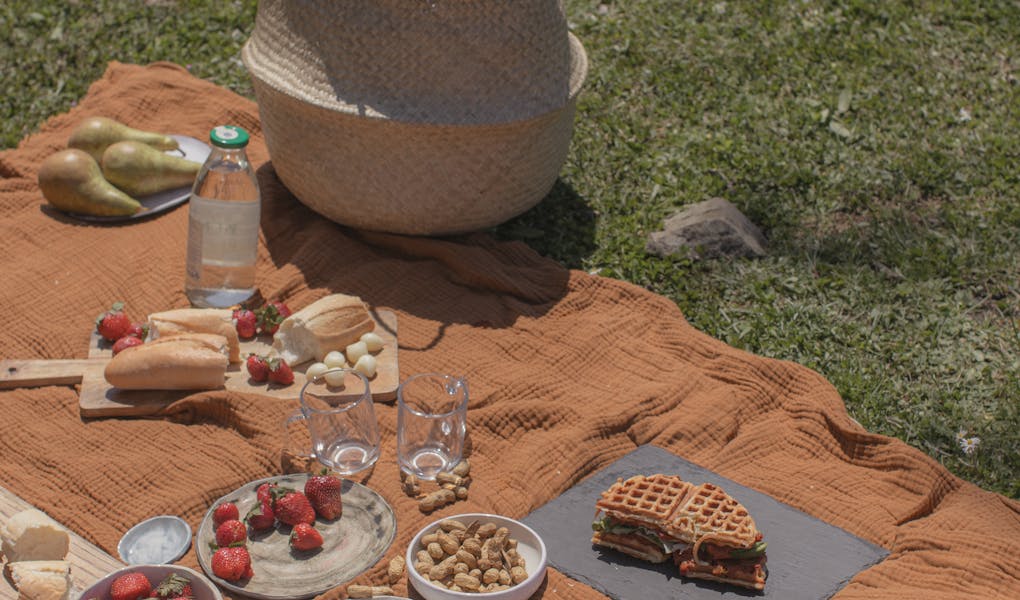 A cozy picnic setup on a blanket with fruits, bread, waffles, and drinks outdoors.