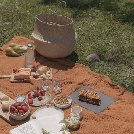 A cozy picnic setup on a blanket with fruits, bread, waffles, and drinks outdoors.