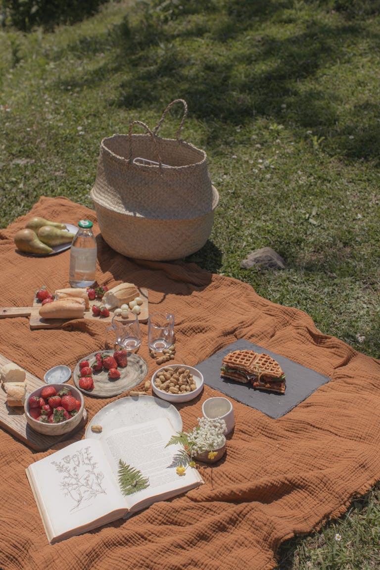 A cozy picnic setup on a blanket with fruits, bread, waffles, and drinks outdoors.